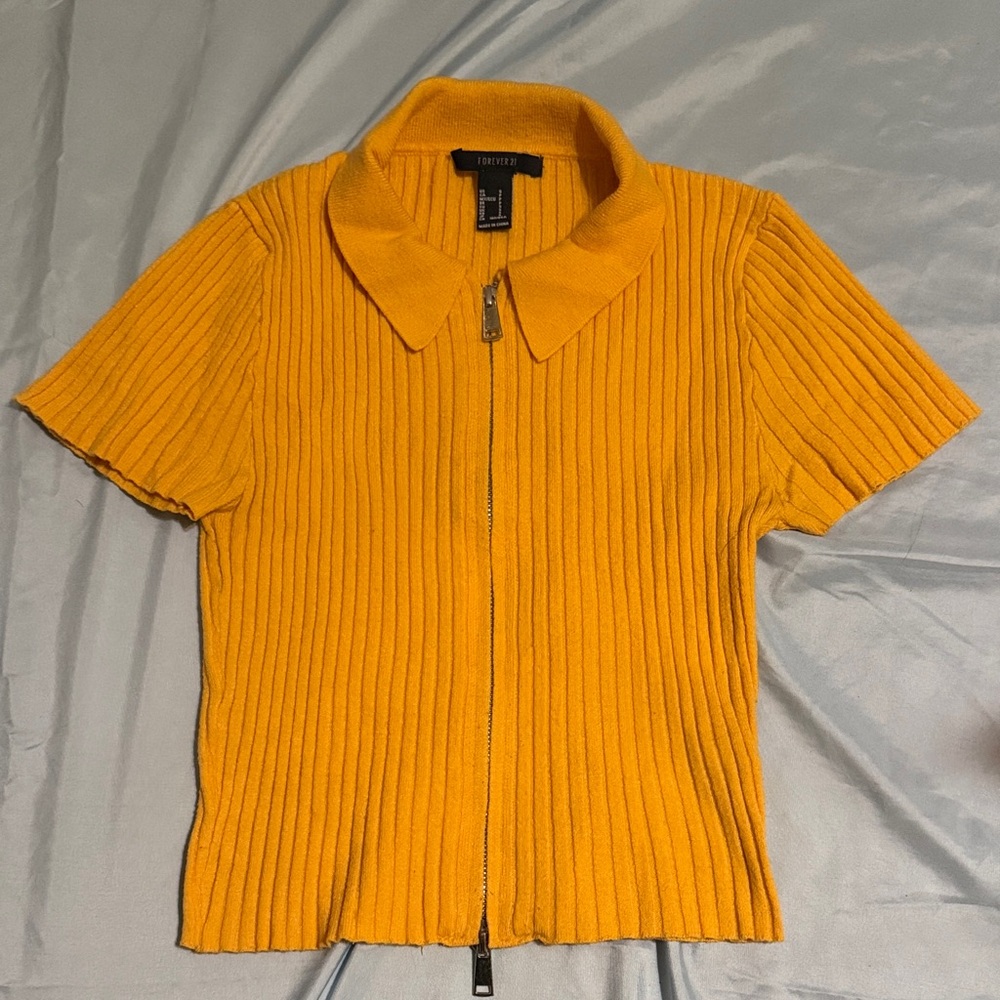 forever 21 Dark Yellow/Orange Ribbed Zip-Up Shirt/Crop Top Size small